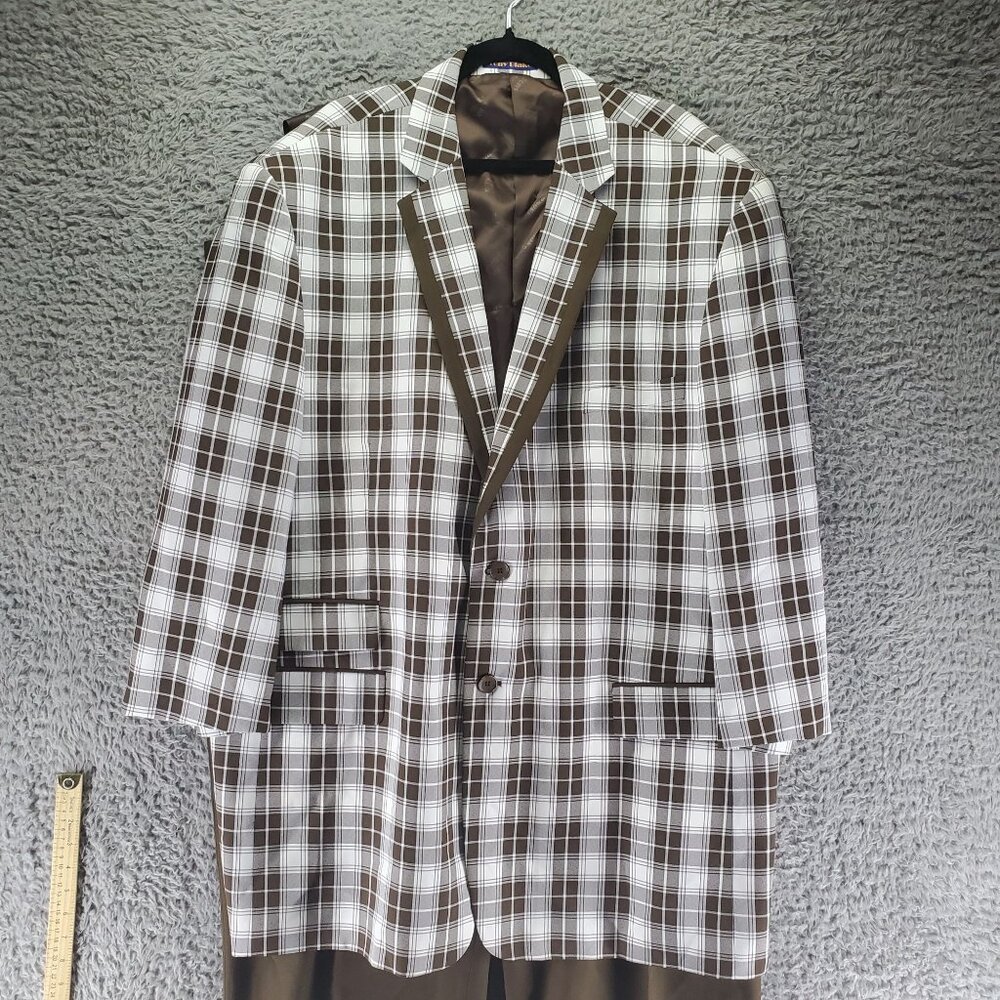 Tony Blake Suit Mens 56L 50x28 Brown Plaid Polyester 3 Piece Set *GUC*